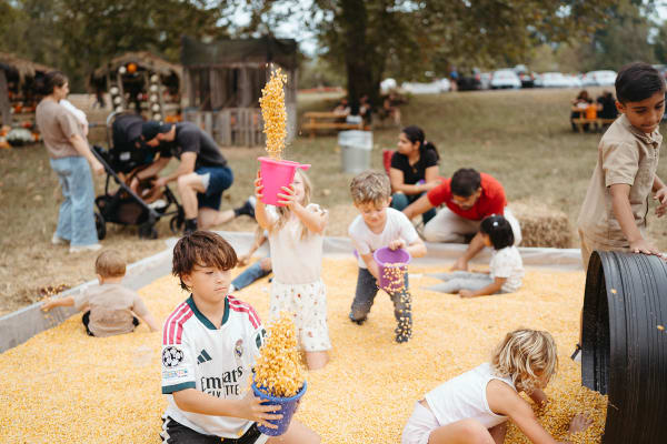 Kids digging with buckets in the corn pit