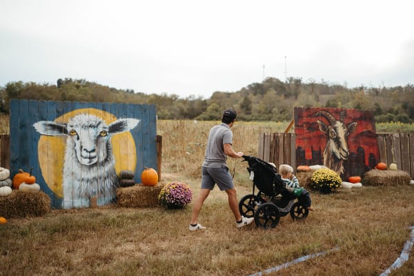 Family with a stroller passing the painted animal murals