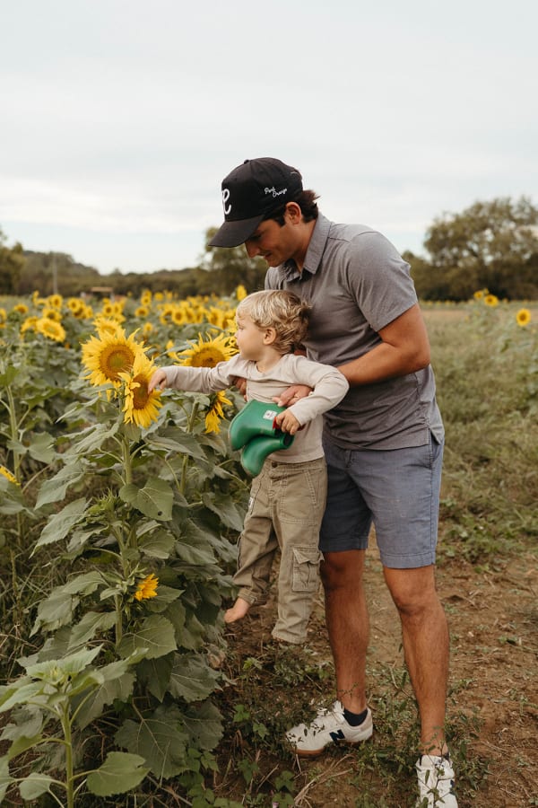 Dad and son reaching for a sunflower