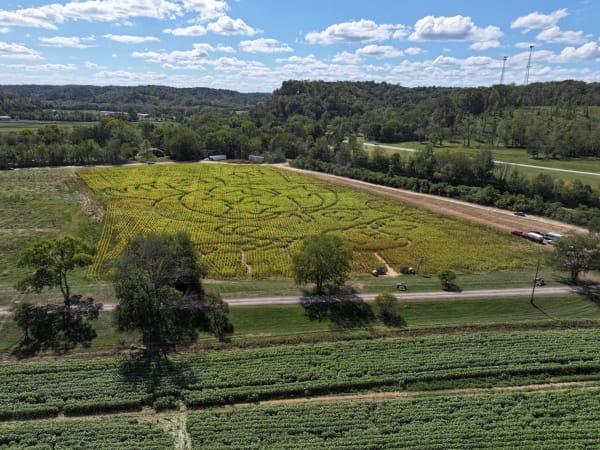 Aerial view of the corn maze and farm fields in the valley