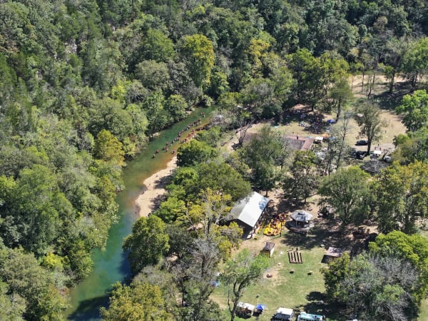 Aerial view of the South Harpeth River winding past the farm