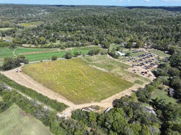 Aerial view of the corn maze from above the tree line