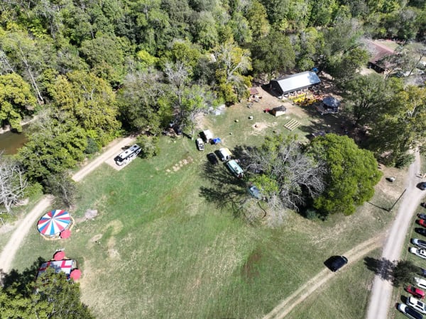 Aerial view of the festival grounds and tents