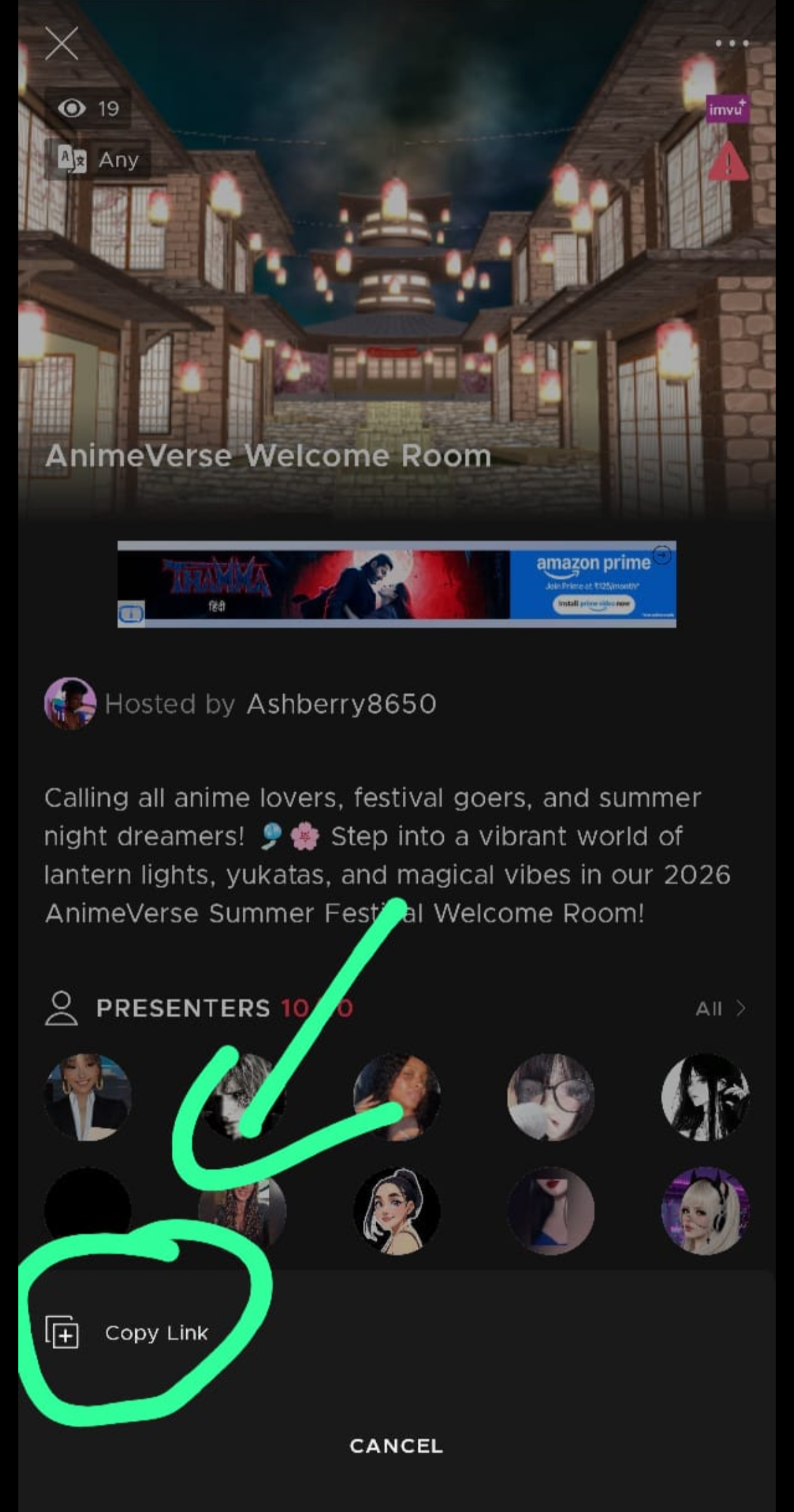IMVU mobile share sheet showing the Copy link option