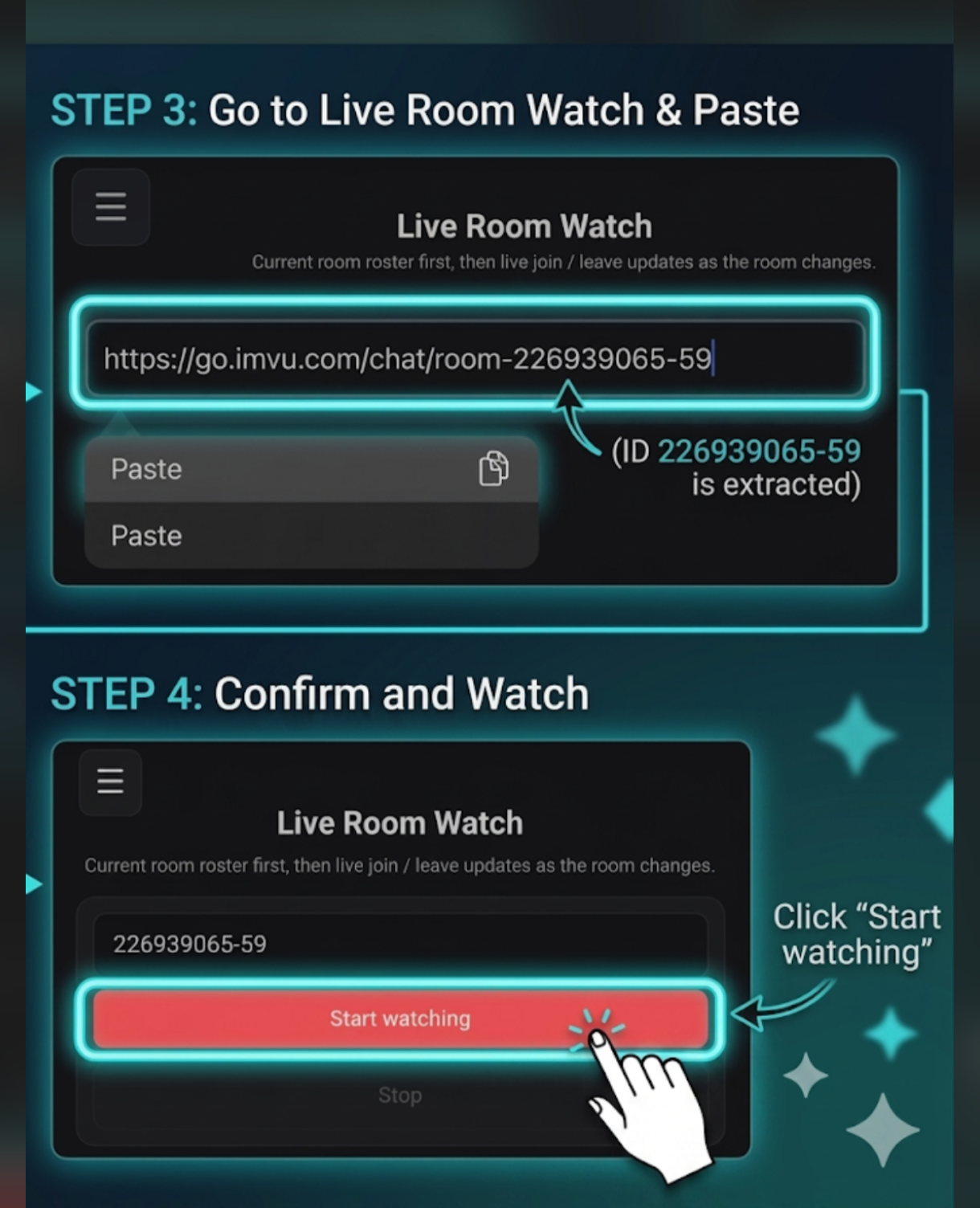 Catvu Pro Live Watch screen with the paste field and Start watching button