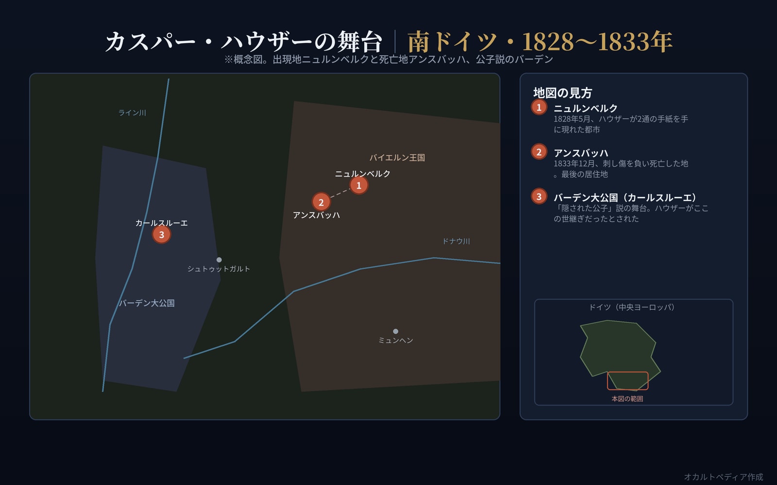 カスパー・ハウザーの舞台。出現地ニュルンベルク、死亡地アンスバッハ、公子説の舞台バーデンを示した南ドイツの概念図