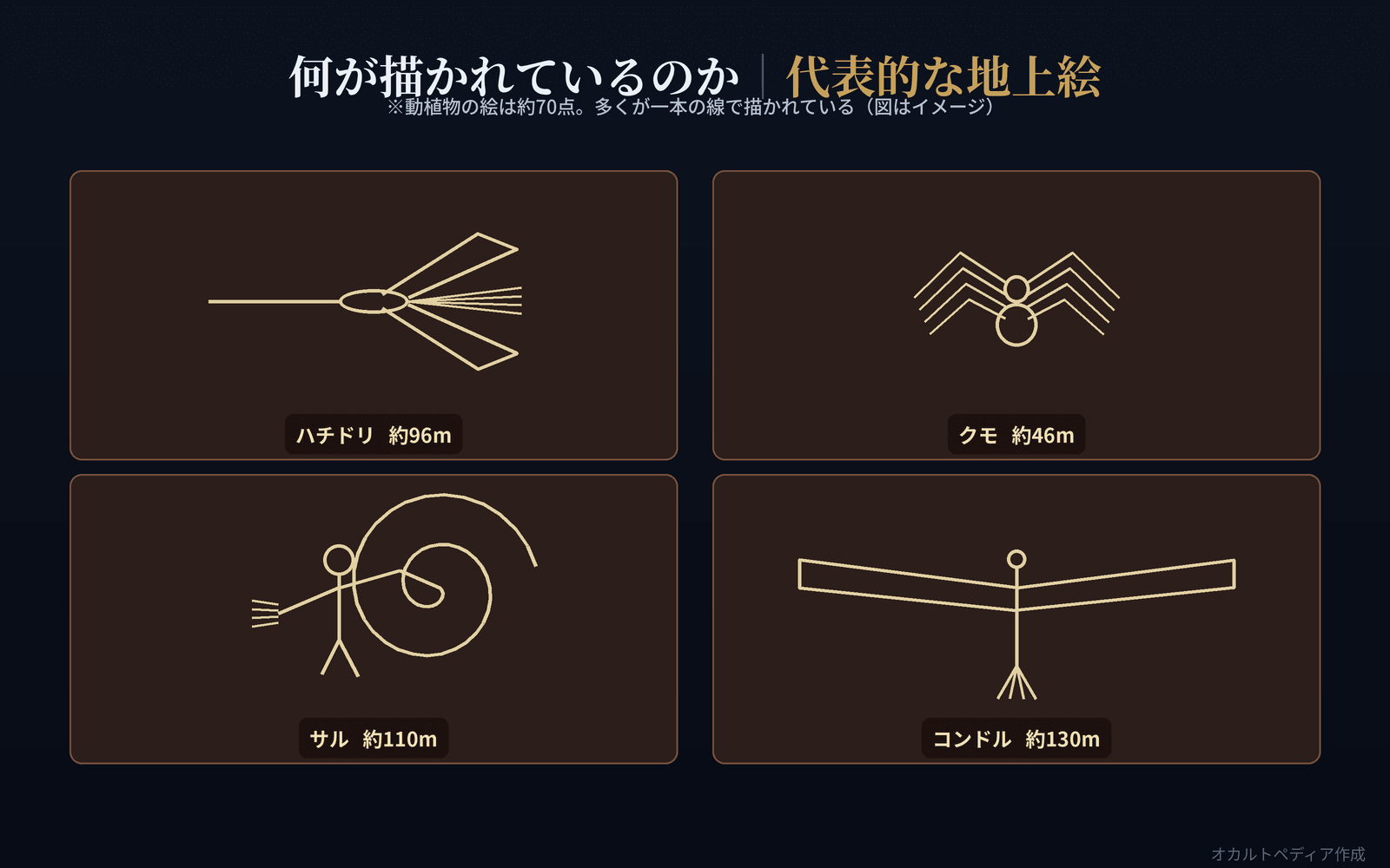 ハチドリ・クモ・サル・コンドルなど代表的な地上絵のイメージ図
