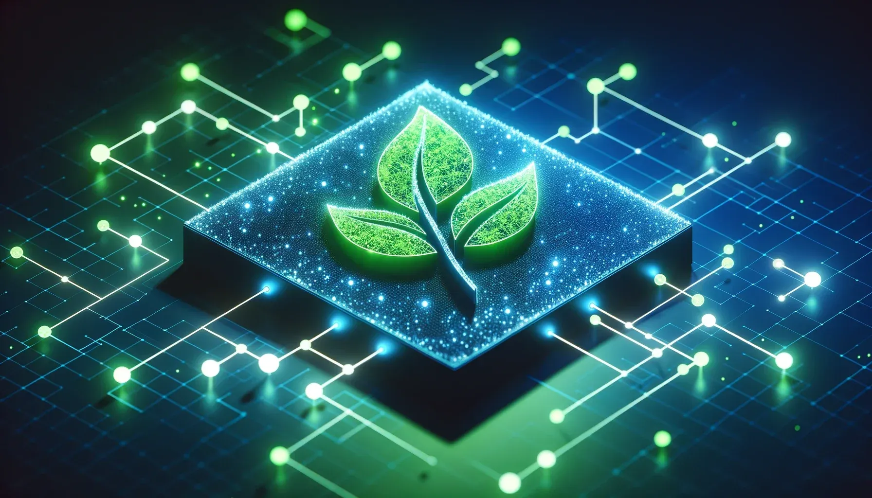 Digital green leaf on a circuit board, symbolizing sustainable technology and emissions tracking software.