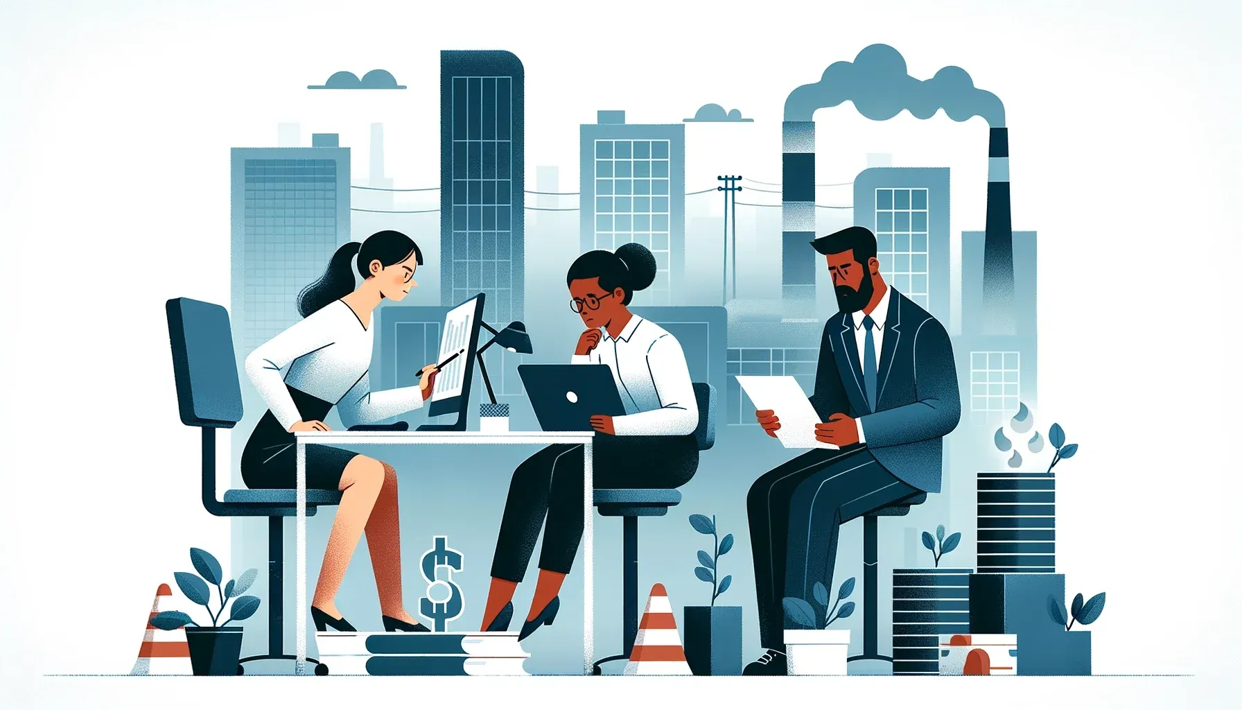 Team analyzes sustainability reports in office with industrial backdrop.