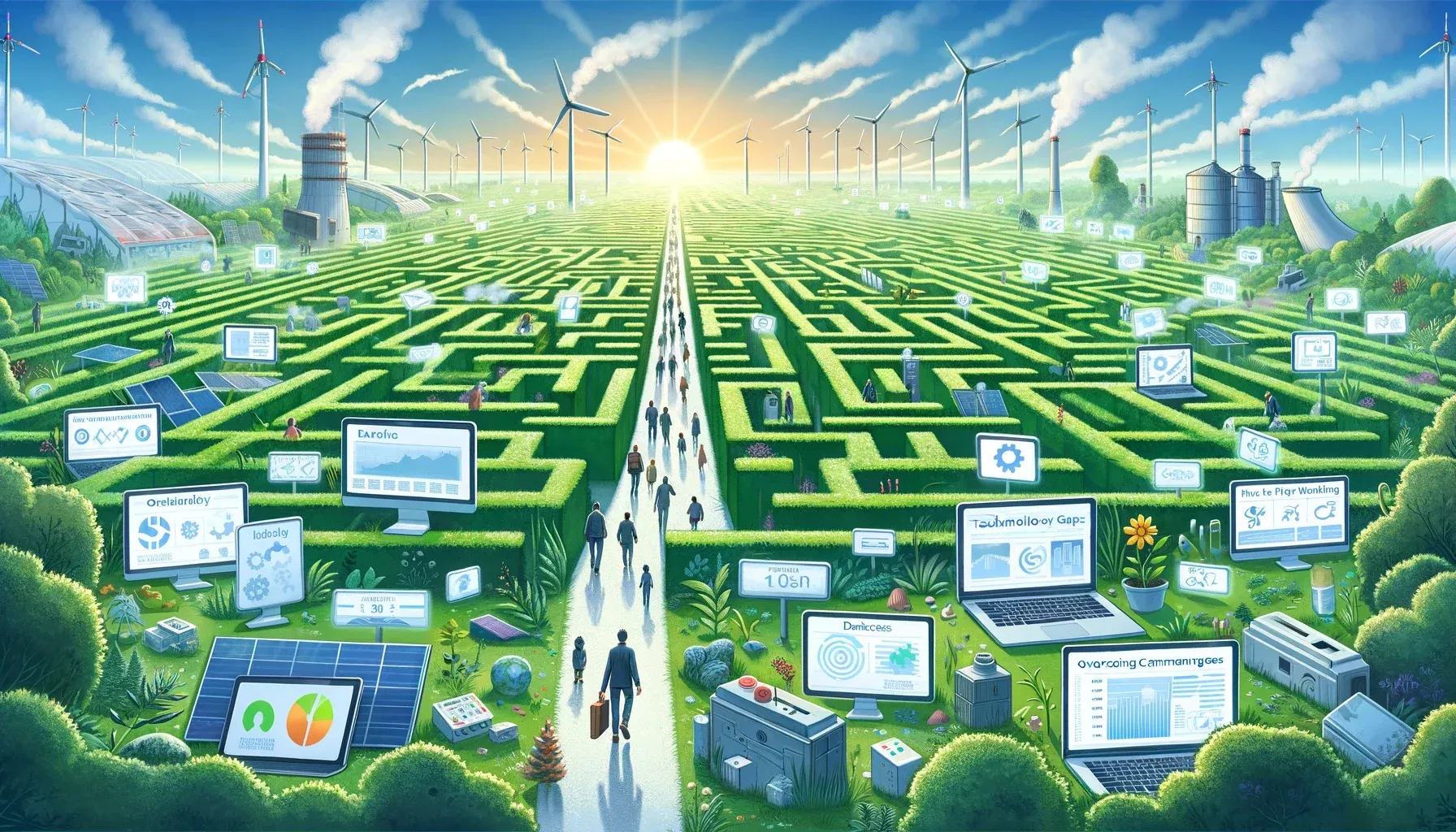 Conceptual illustration of a futuristic, sustainable city with a labyrinthine green maze, interspersed with renewable energy sources and interactive digital displays, under a bright rising sun.