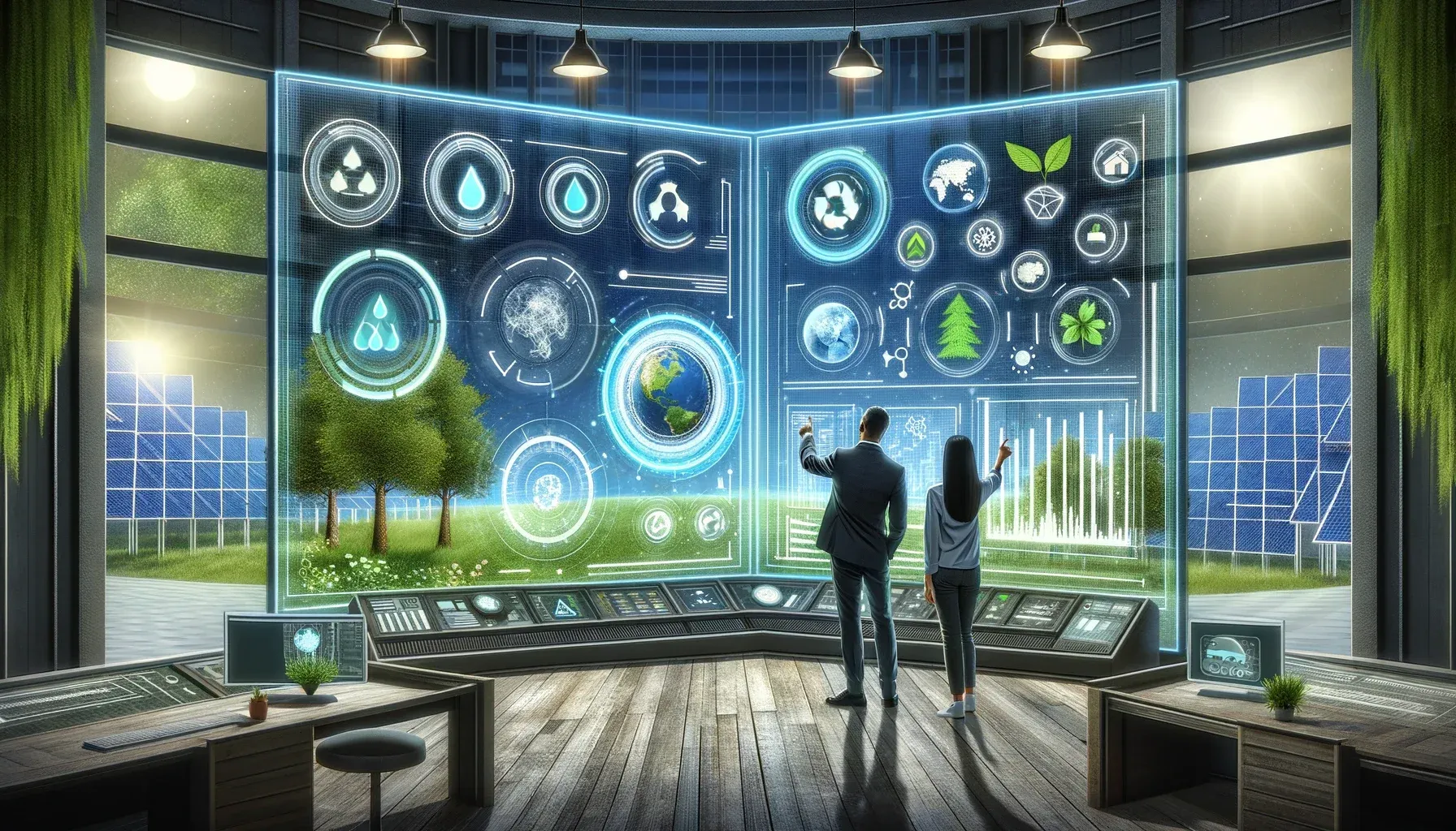 Professionals analyze eco-data on a futuristic interface with renewable energy visuals.
