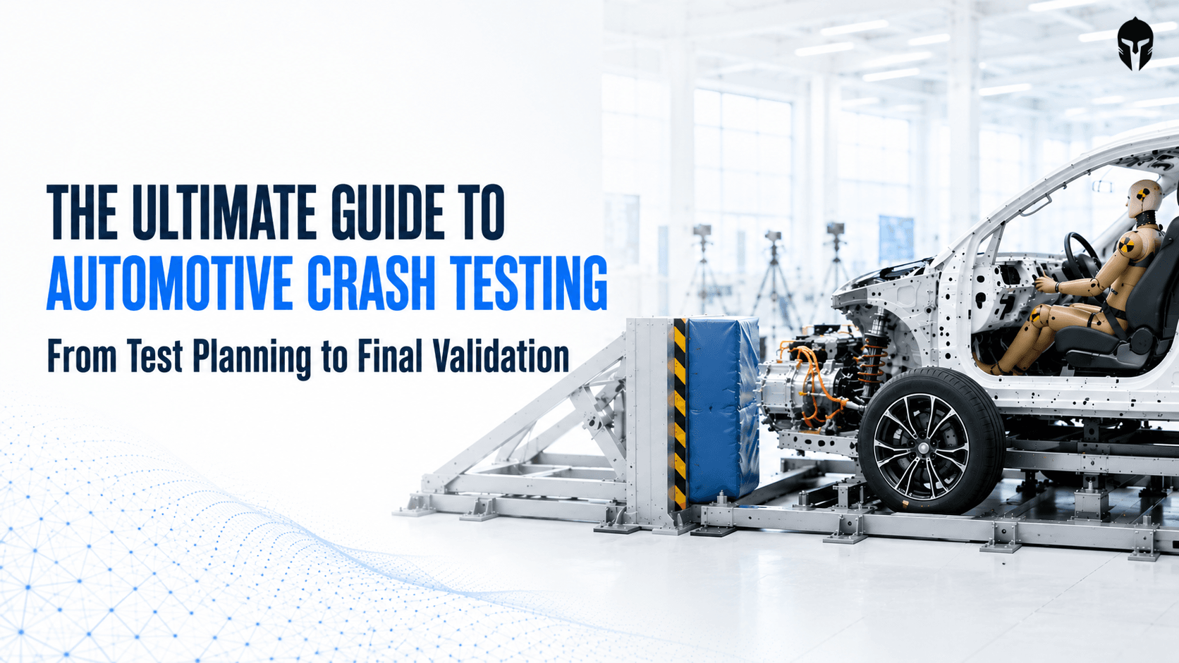Vehicle crash test impact moment showing structural deformation and crash test dummy response.
