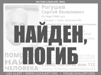 Пропавший в Туле 62-летний мужчина найден погибшим