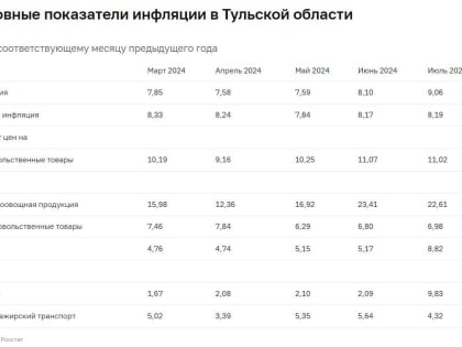 Инфляция в Тульской области достигла 9,06% в июле