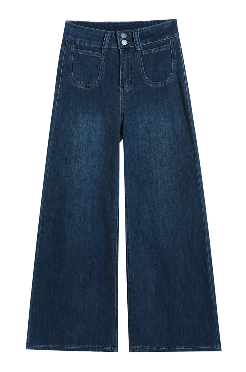 YEEYEEWang wide-leg jeans flat lay front view, Asian-fit cut, showing premium high-waisted tailoring.