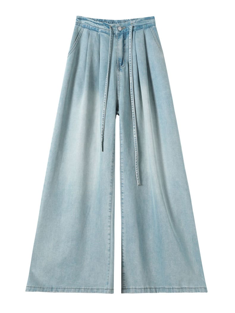 YEEYEEWang wide-leg jeans, Asian-fit cut, front flat-lay showing high elastic waistband with tie drawstring and fluid full-length drape.