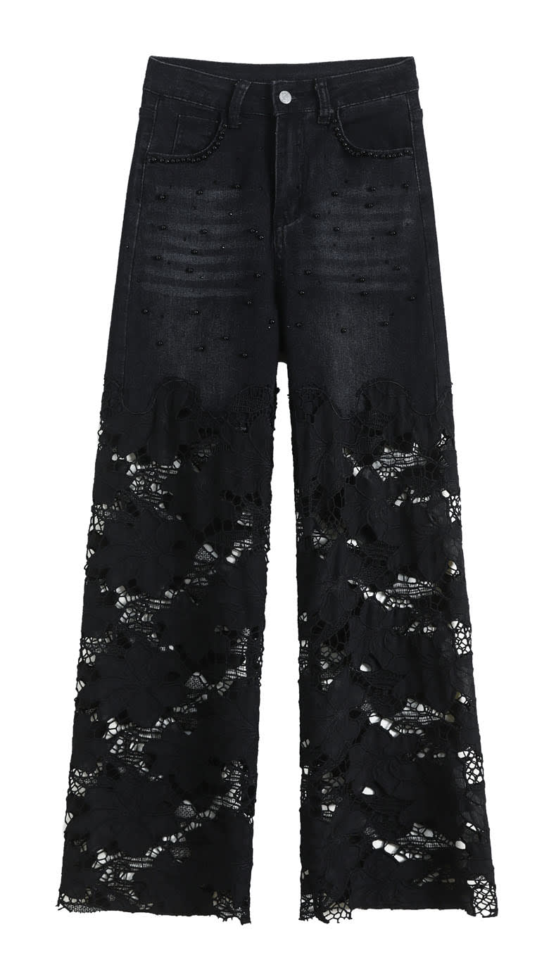 YEEYEEWang Wide-Leg Jeans, Asian-fit cut, front flat lay on white background showing lace patchwork legs and metal button waistband.