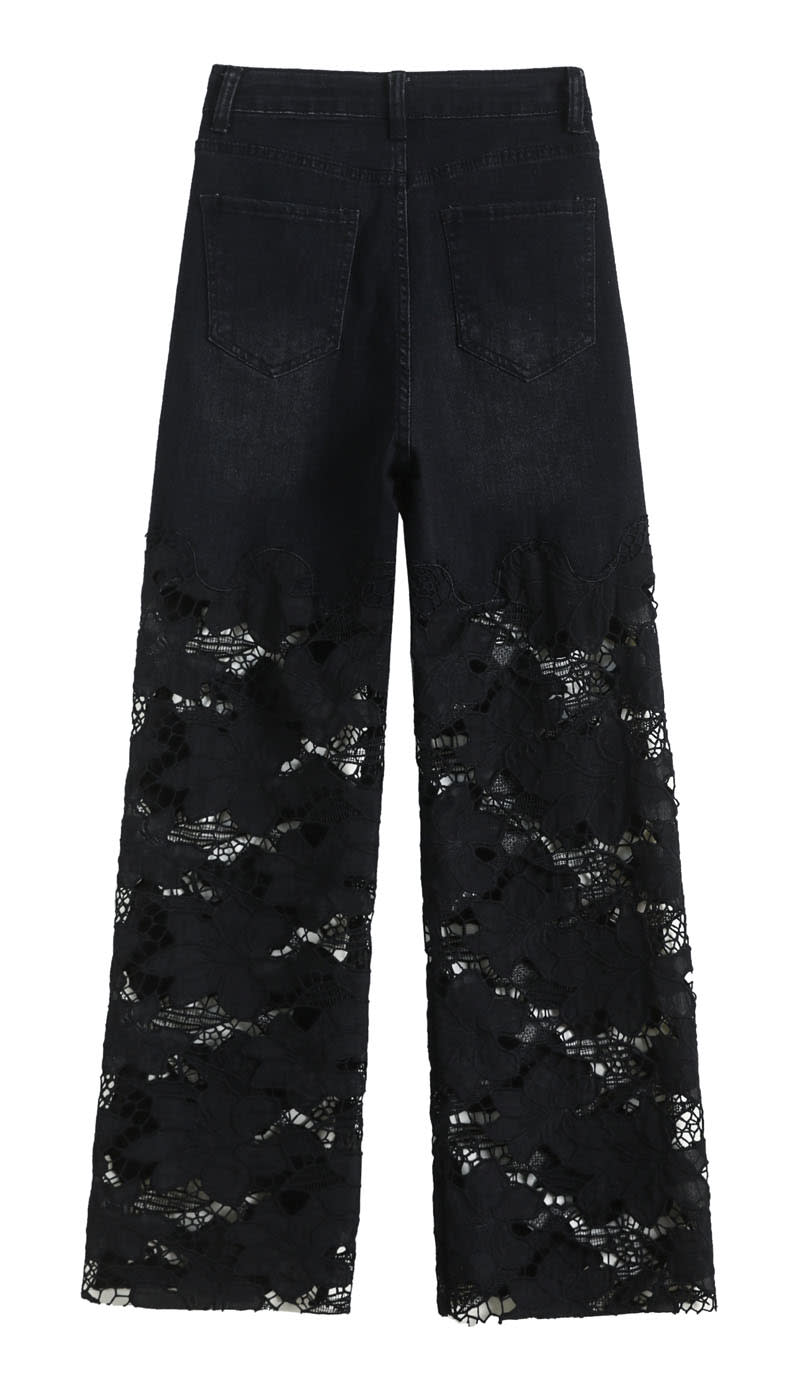 YEEYEEWang Wide-Leg Jeans, Asian-fit cut, back flat lay on white background showing patch pockets and lace patchwork legs.