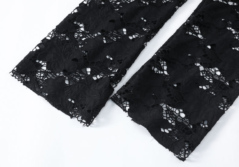YEEYEEWang Wide-Leg Jeans, Asian-fit cut, close-up of lower legs with lace patchwork and scalloped edge where denim meets openwork.