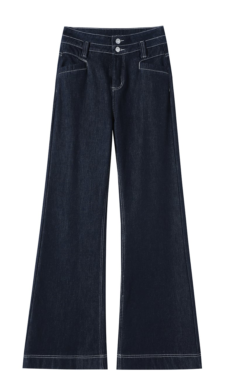 YEEYEEWang wide-leg jeans, Asian-fit cut, front flat-lay showing double silver-tone button waistband and contrast topstitching on deep indigo denim.