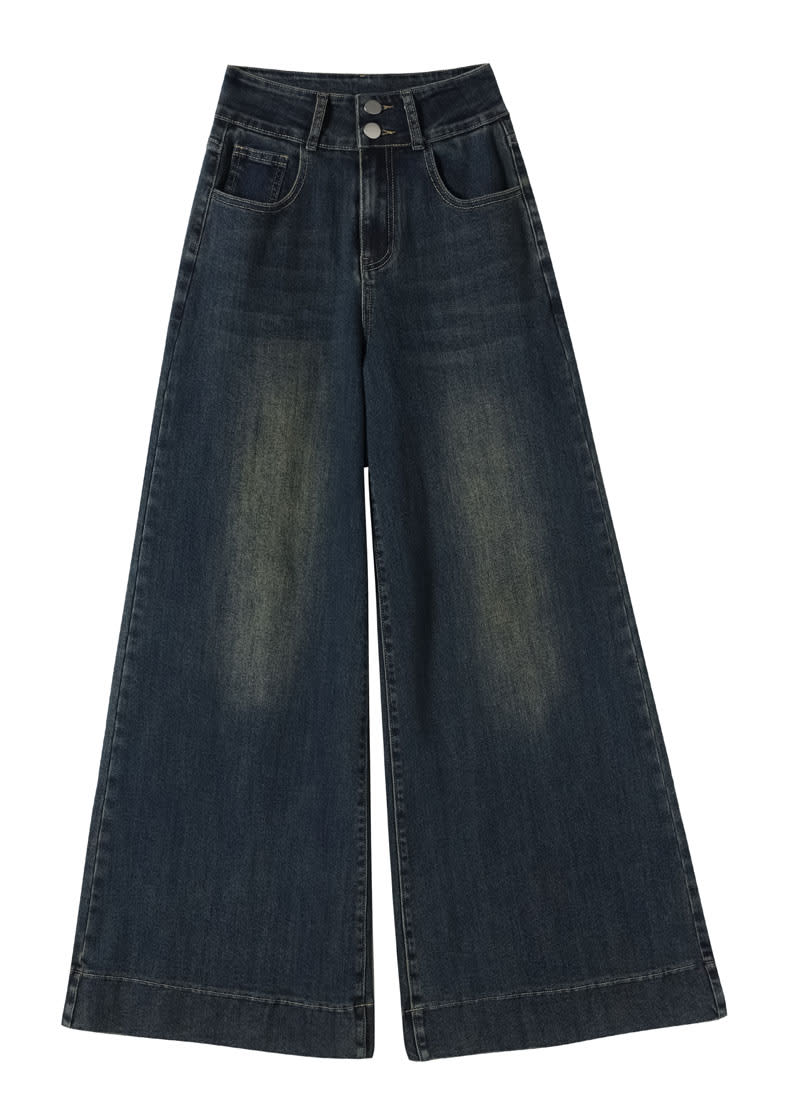 YEEYEEWang wide-leg jeans, Asian-fit cut, front flat lay on white background with double metal buttons and front pockets.