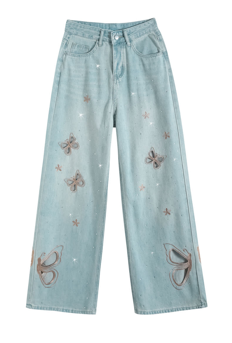 YEEYEEWang Wide-Leg Jeans, Asian-fit cut, front flat-lay view showing butterfly embroidery and fine sparkle details across the legs.