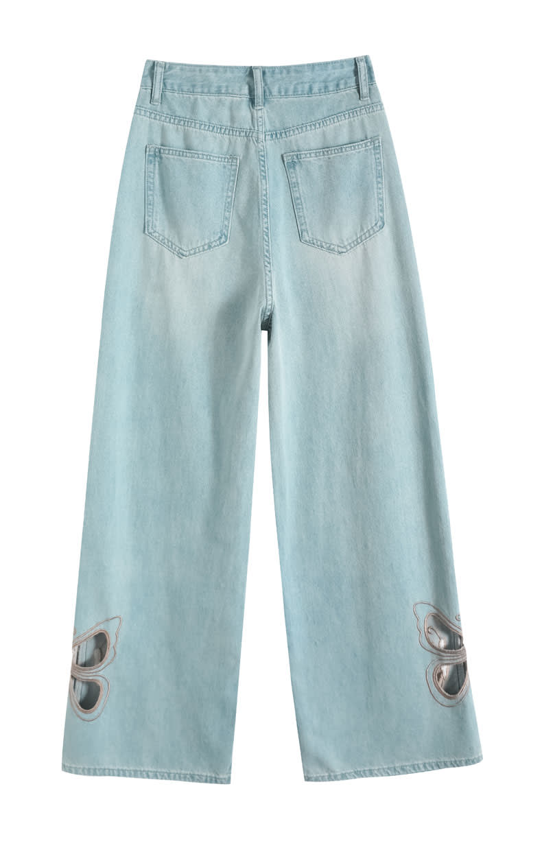YEEYEEWang Wide-Leg Jeans, Asian-fit cut, back flat-lay view with patch pockets and butterfly embroidery near the hems.