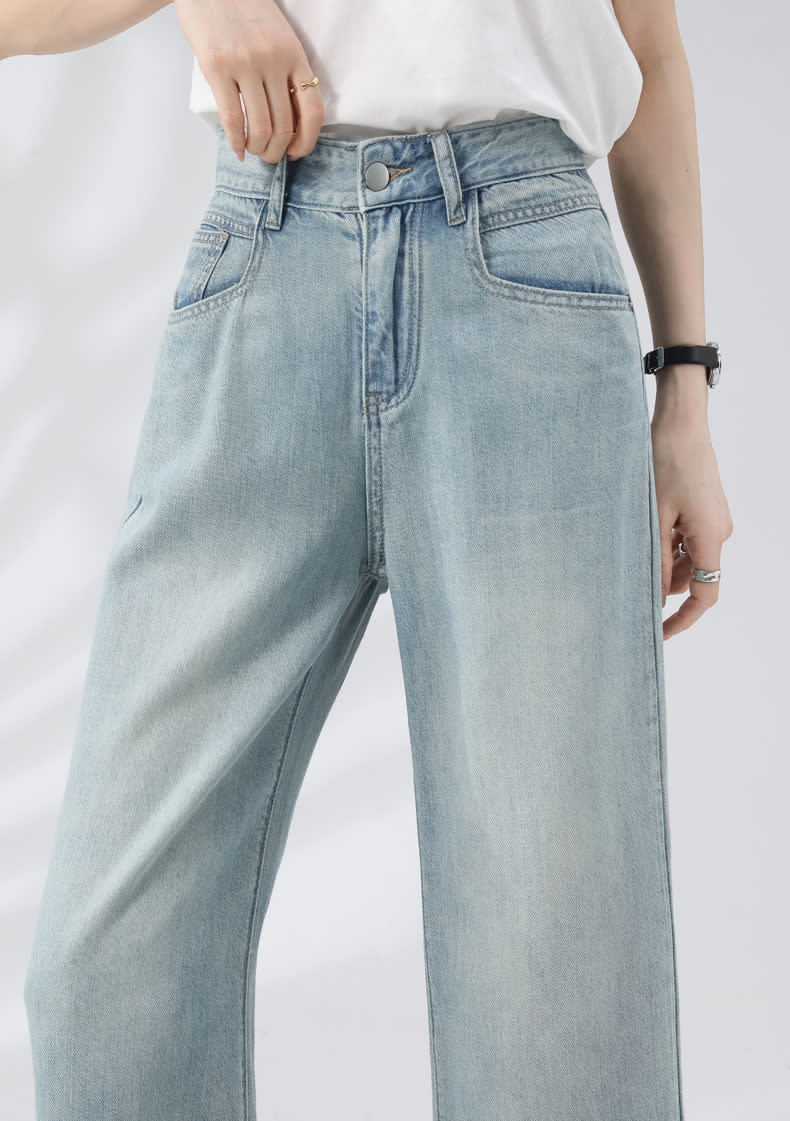 YEEYEEWang Wide-Leg Jeans, Asian-fit cut, front close-up of high-rise waist with metal button and relaxed draped leg on model.