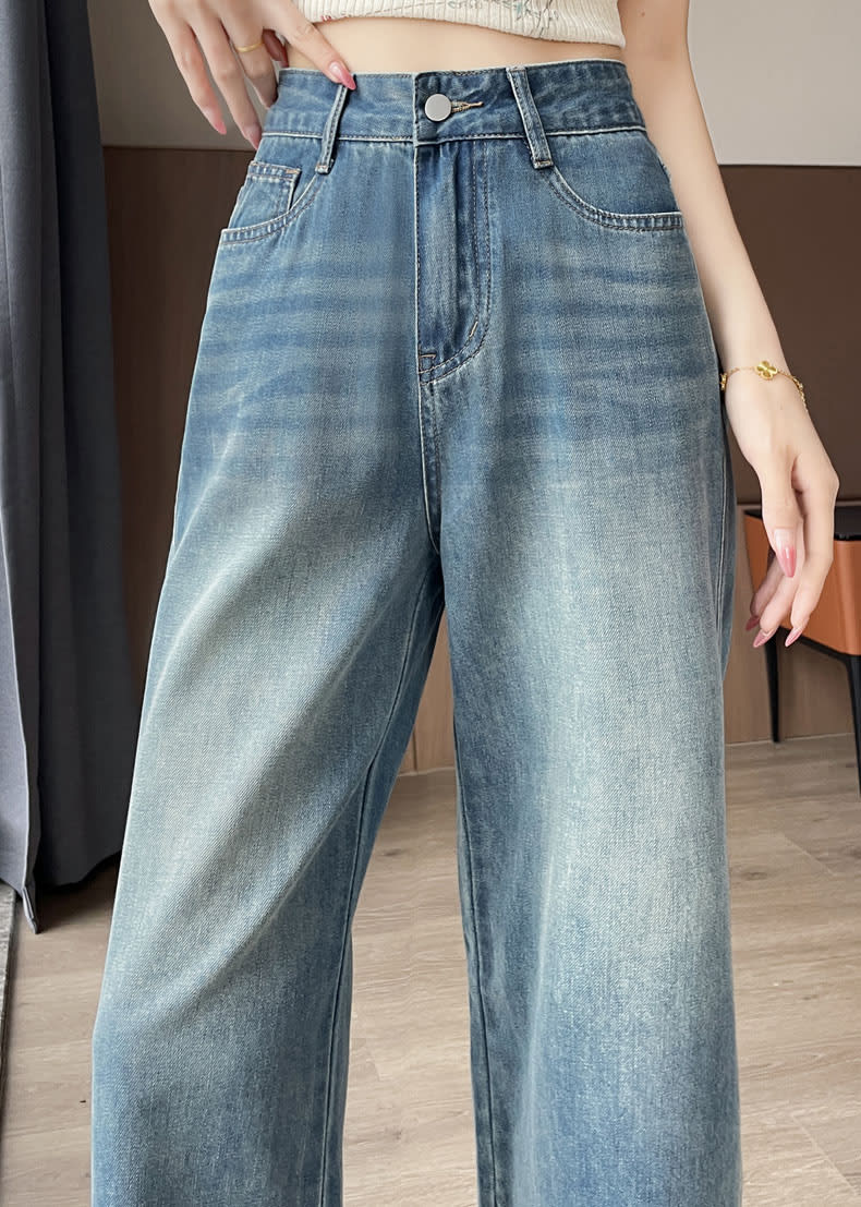 YEEYEEWang Straight-Leg Jeans, Asian-fit cut, front half-body pose on model with cream knit top, metal button closure and front pockets.