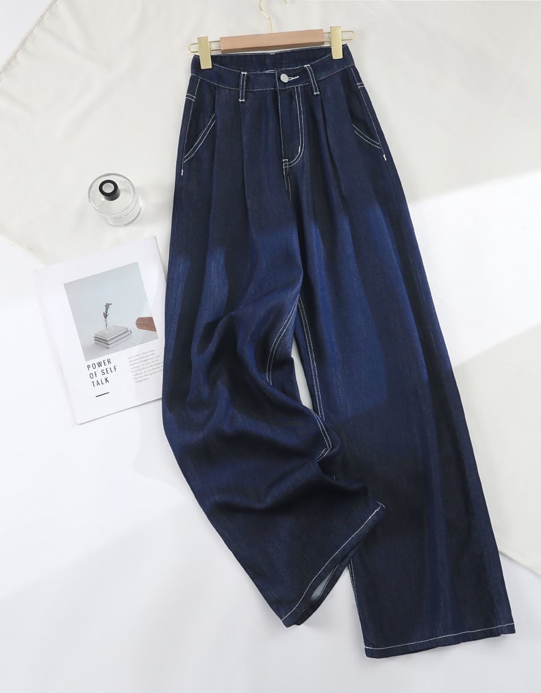 YEEYEEWang Wide-Leg Jeans in Denim Blue, Asian-fit cut, front hanging full view with front pleats, contrast stitching and silver-tone button.