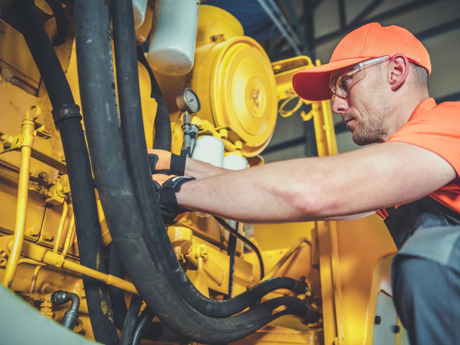 Quarry maintenance technician inspecting worn excavator bucket teeth