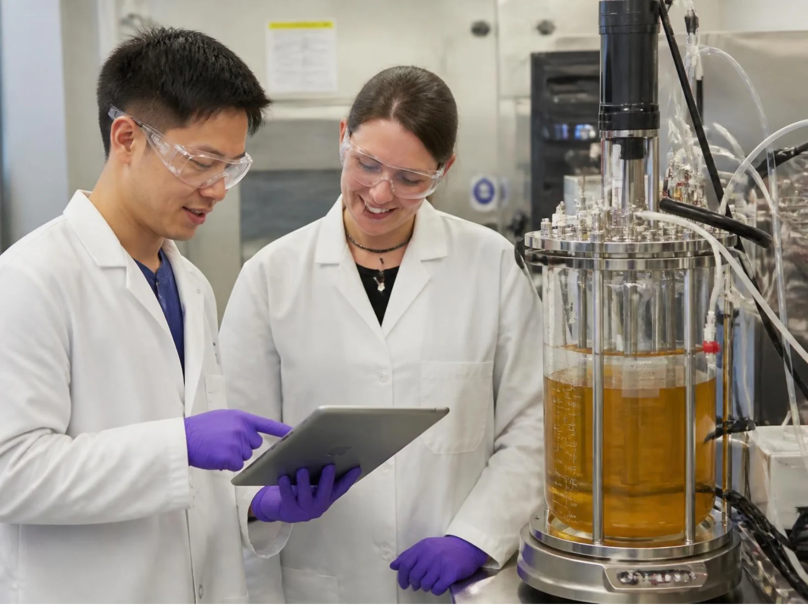 Biologics process development team reviewing cultivation data before a run