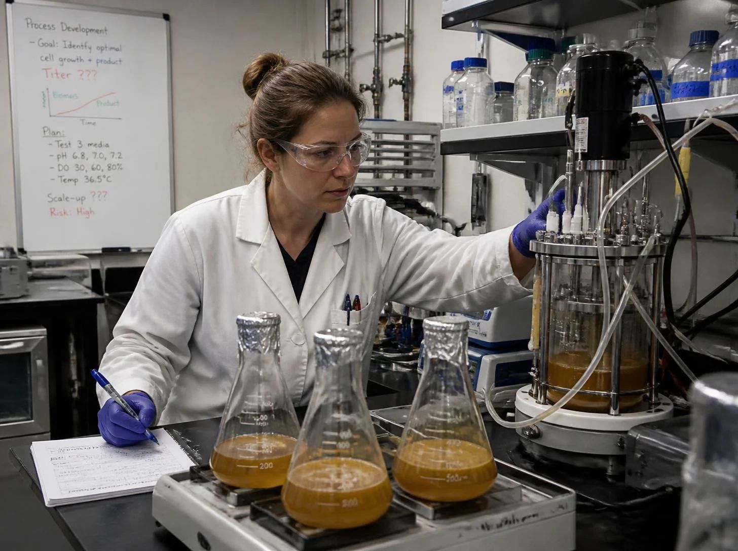 Bioprocess scientist reviewing predicted and measured titer results for cultivation runs