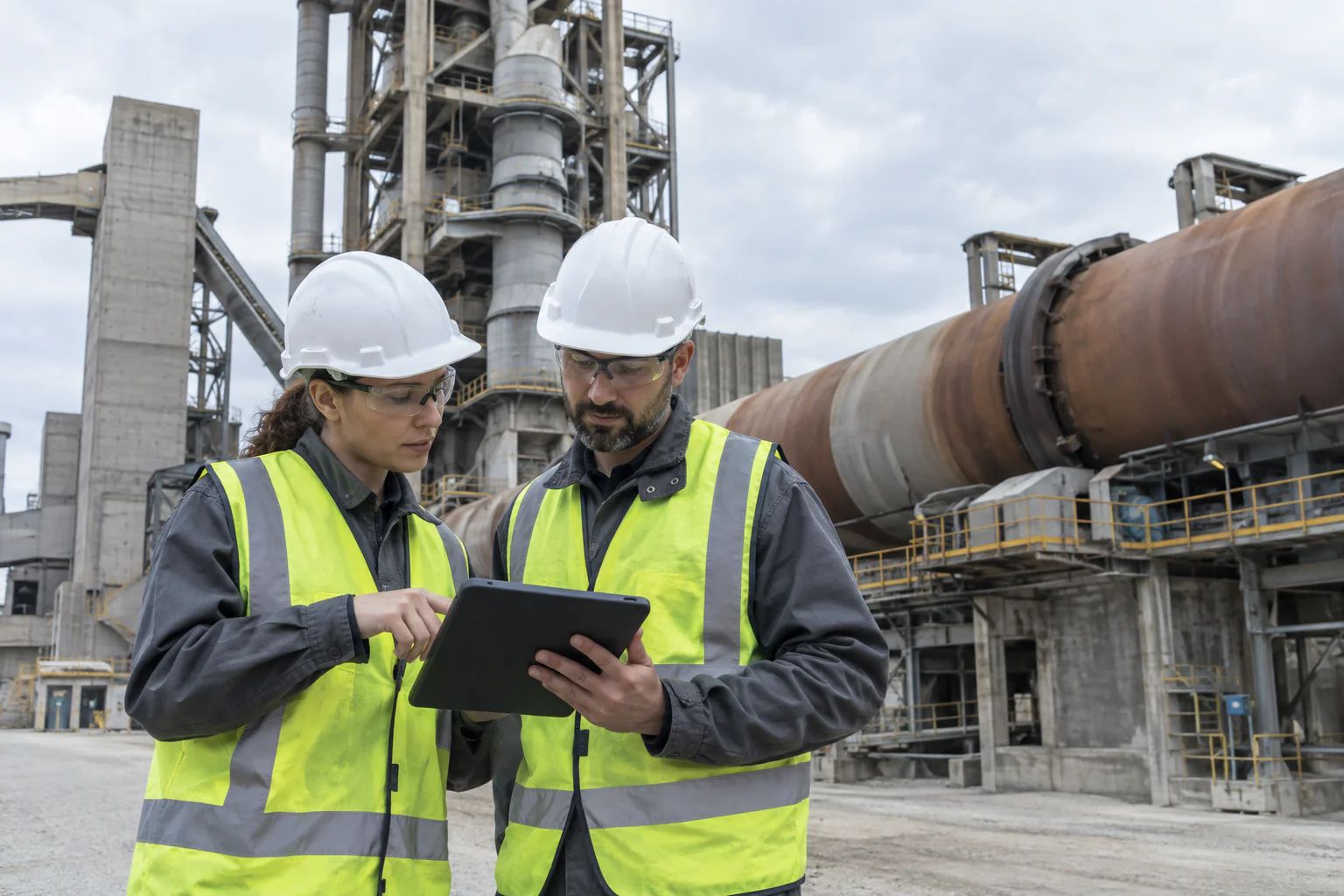 Cement plant team reviewing kiln temperature recommendations against free-lime and fuel data