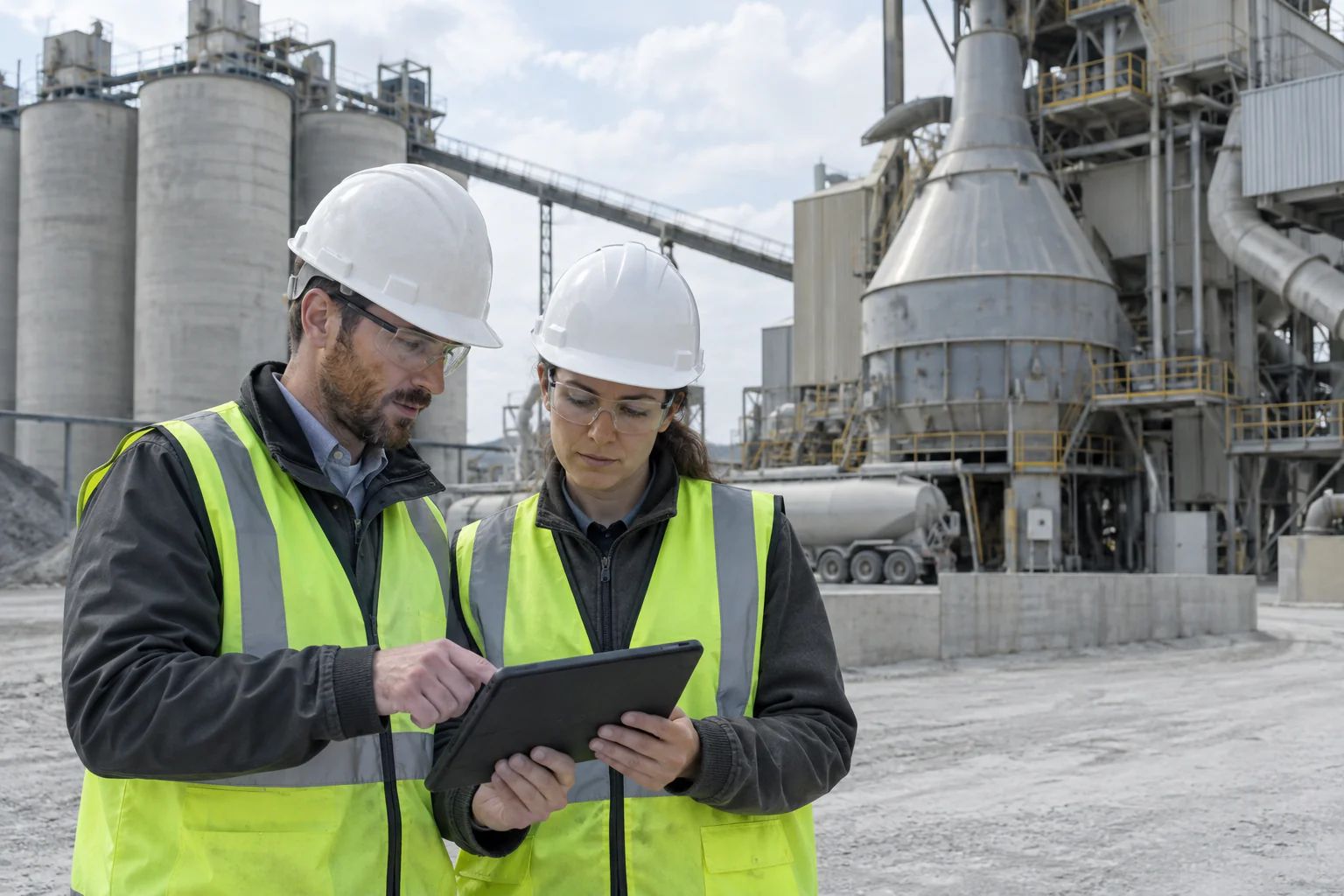 Cement quality and production data being reviewed by a plant team