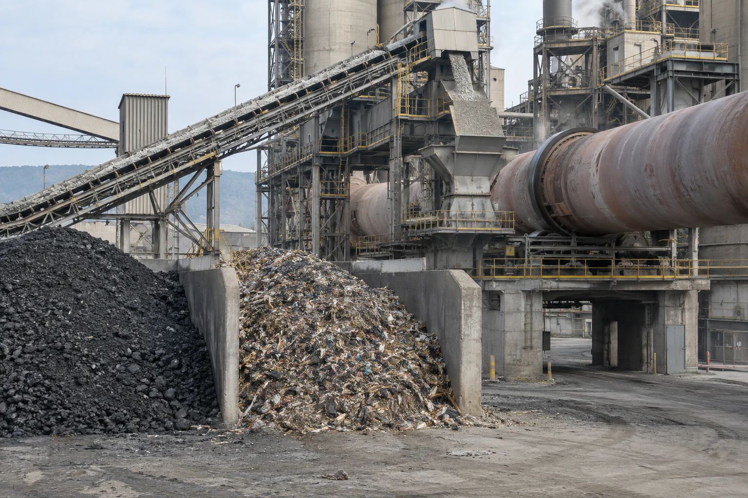Cement rotary kiln and preheater system in operation