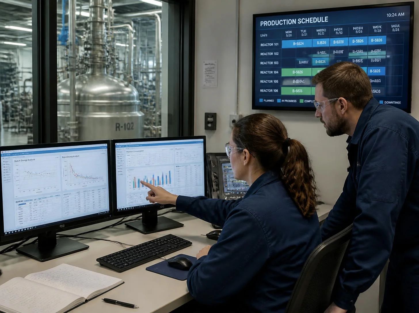 Chemical manufacturing team reviewing batch energy forecasts and production data