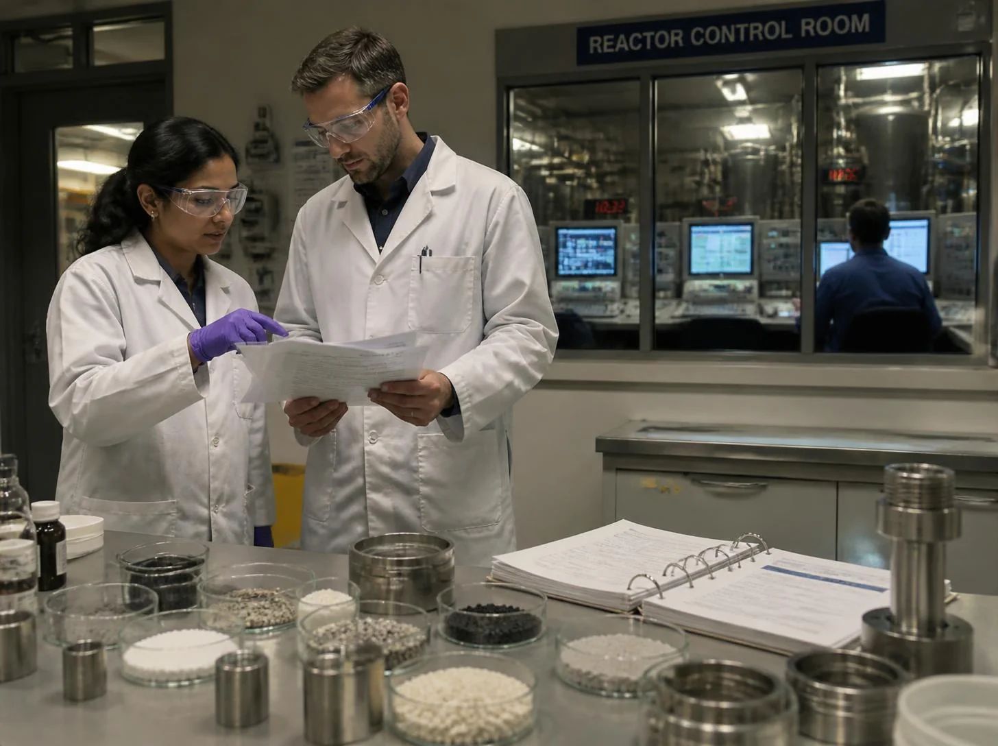 Chemical manufacturing team reviewing catalyst performance and recommendations