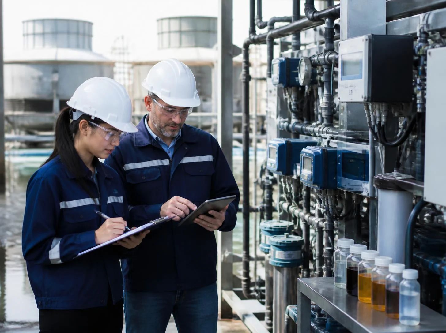 Chemical manufacturing team reviewing water consumption and optimization insights