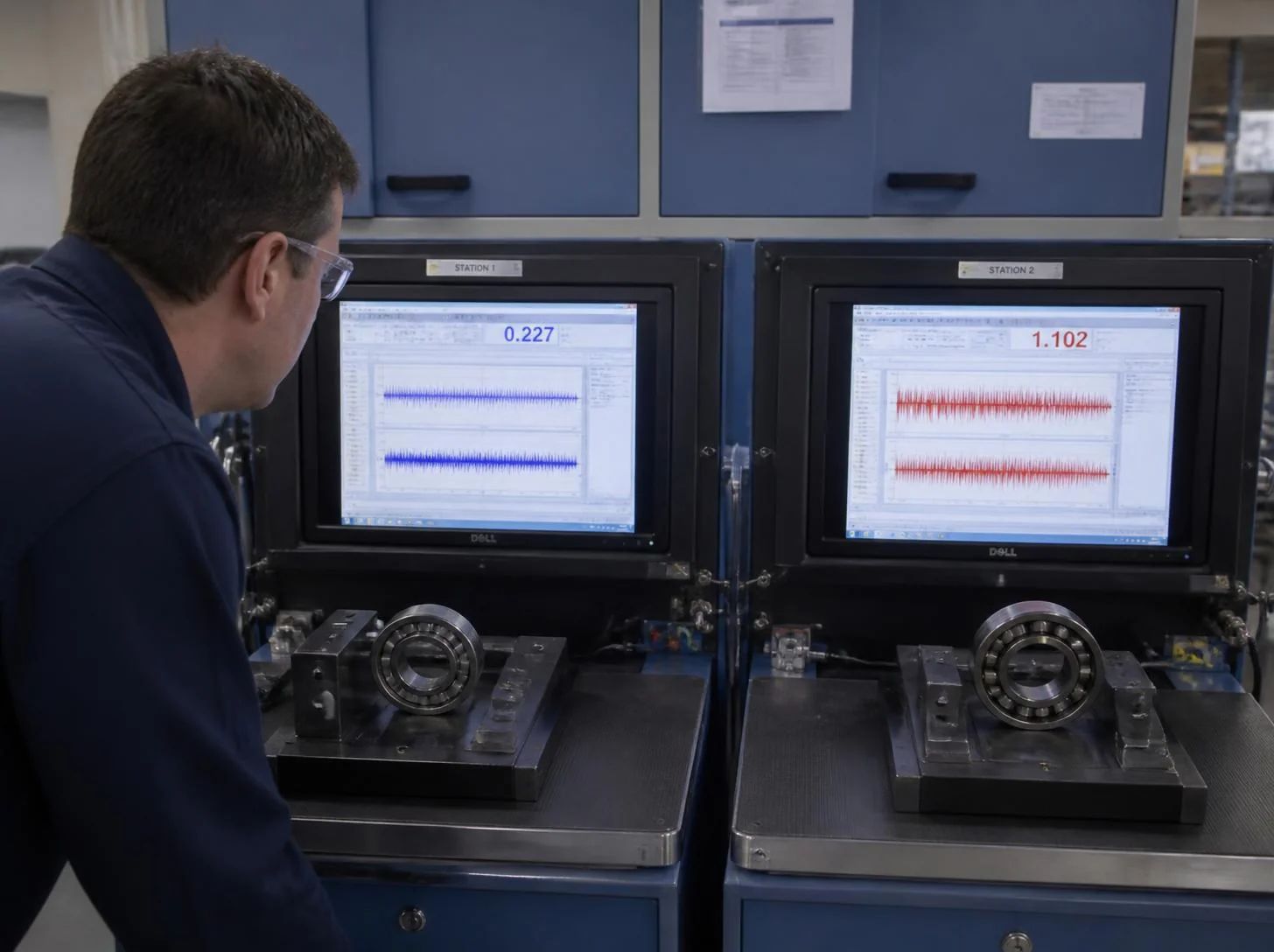 Bearing quality engineer comparing vibration measurements from multiple test stations