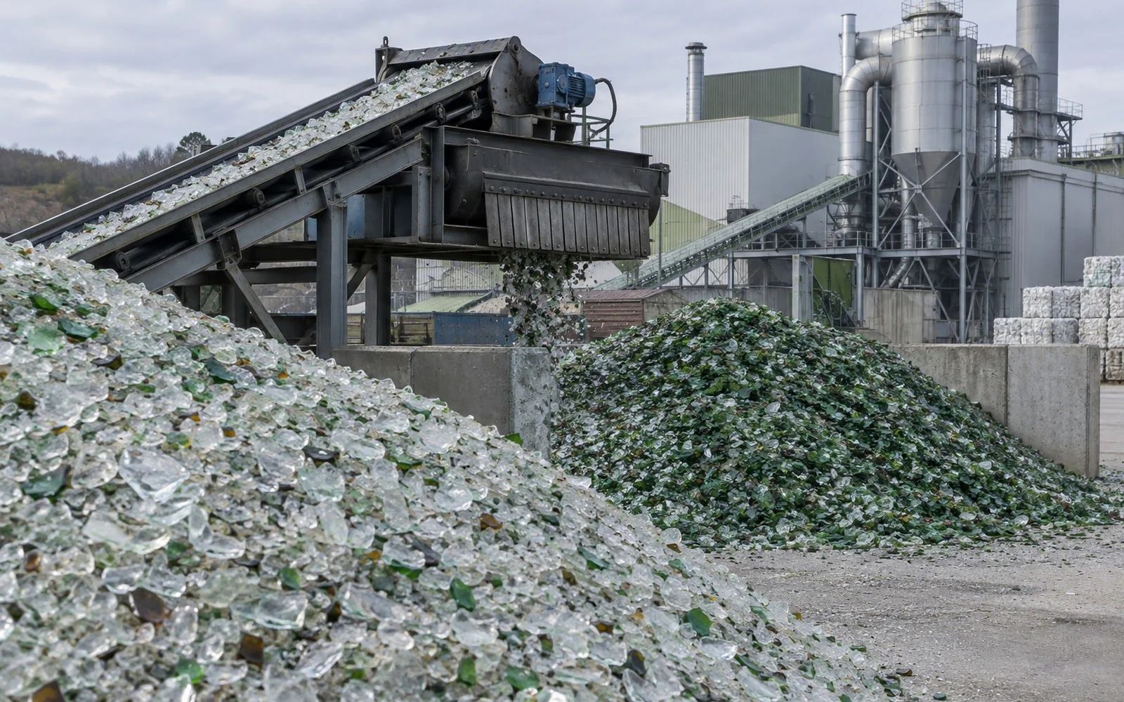Materials plant and yard of the kind used to handle recycled glass and mineral feed