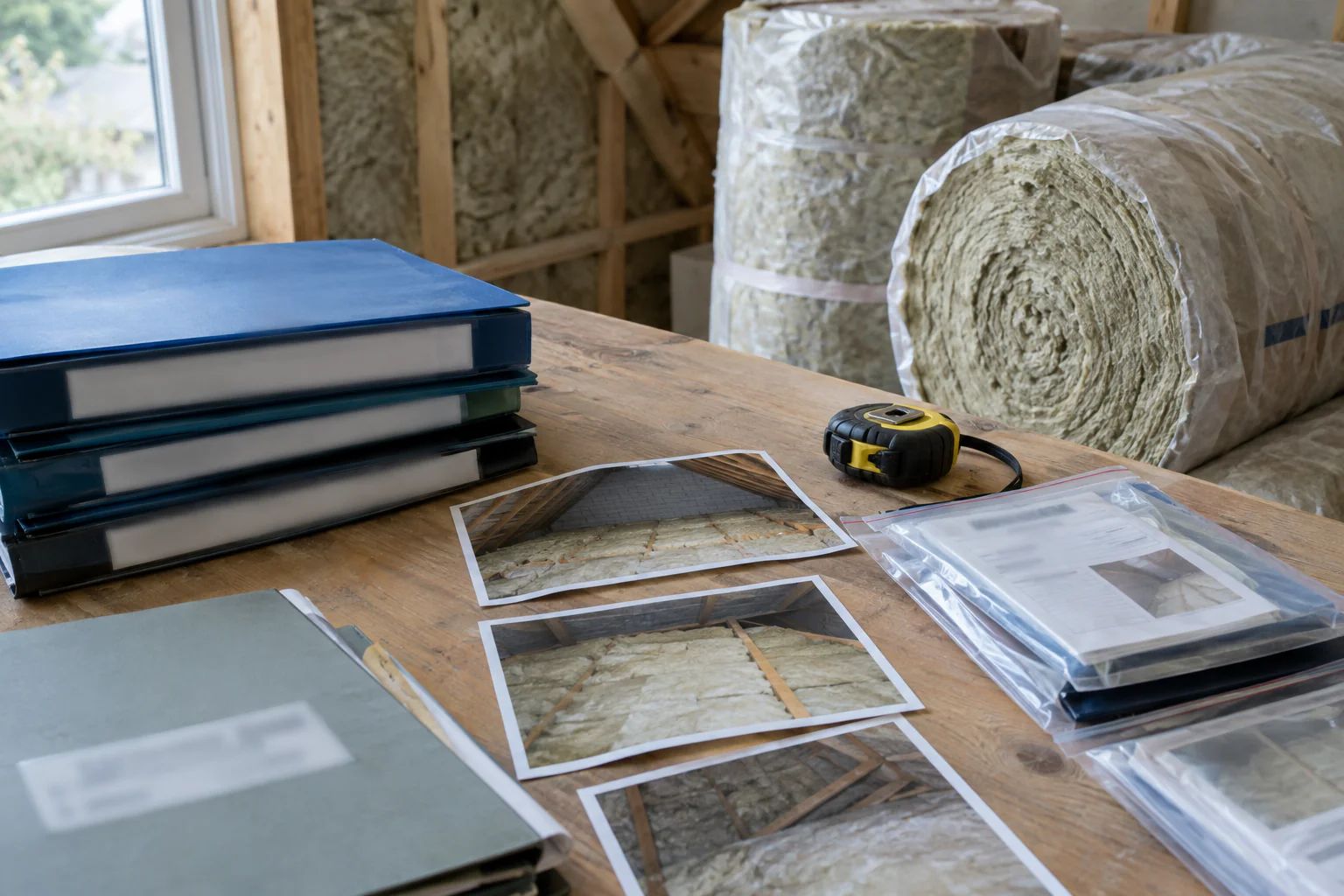 Retrofit insulation job record timeline showing assessment, design, installation, evidence pack and sign-off
