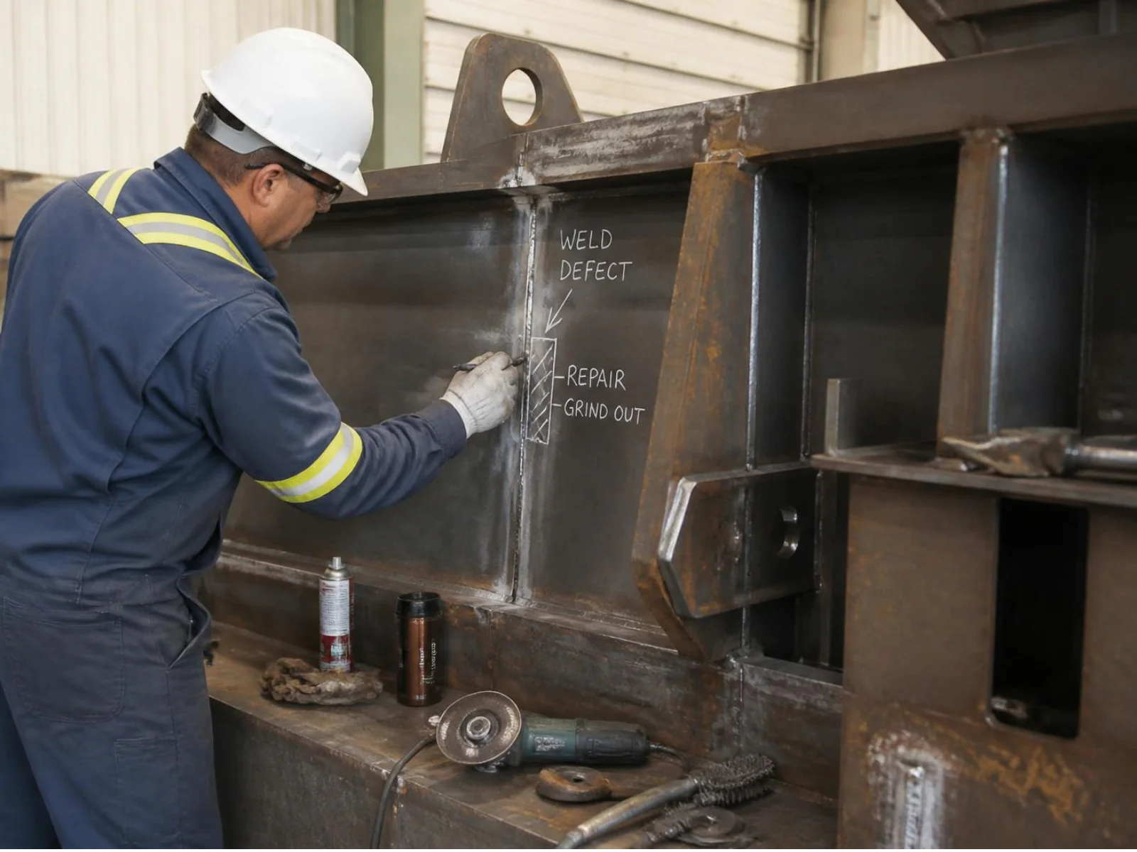 Quality engineer reviewing weld repair rates against fabrication station and job data