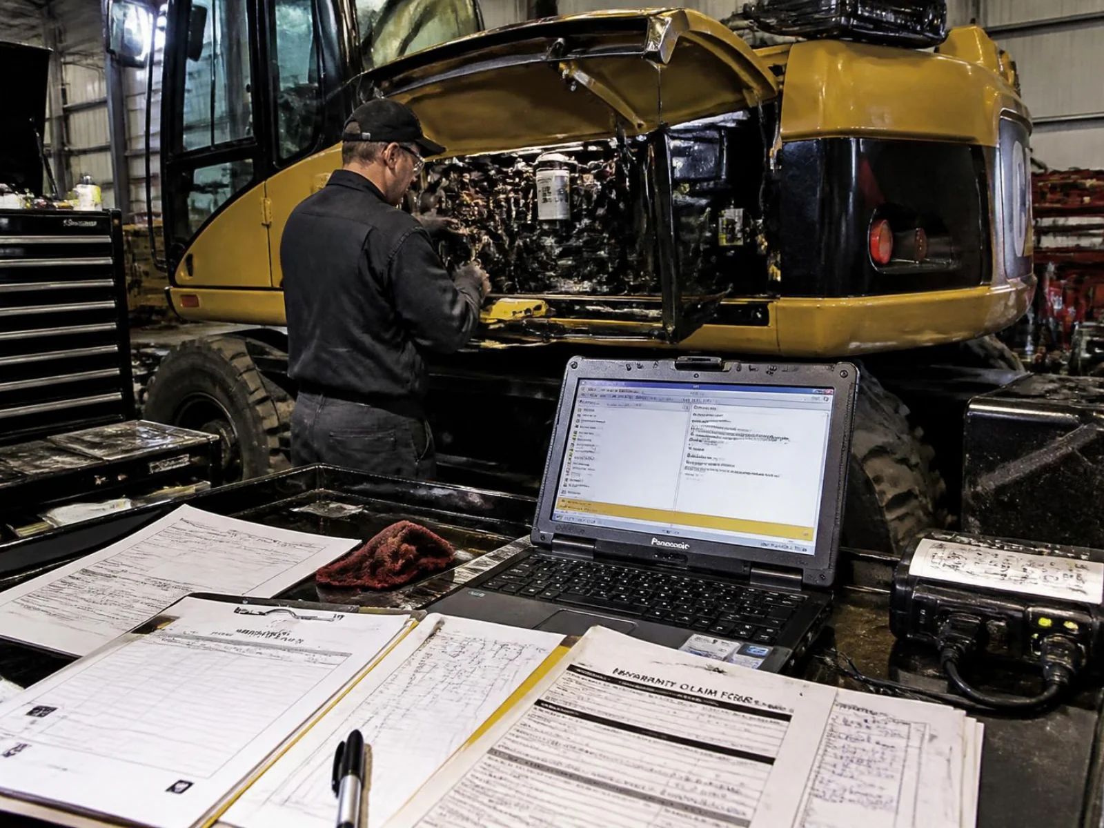 Service manager reviewing warranty claims and technician field notes