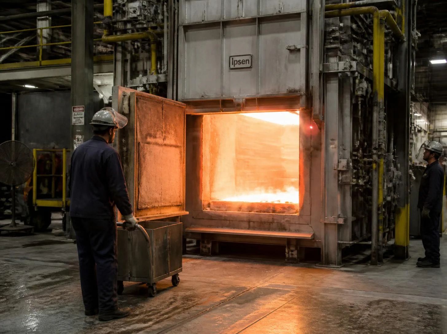Foundry operator reviewing heat-treatment furnace temperature and energy trends