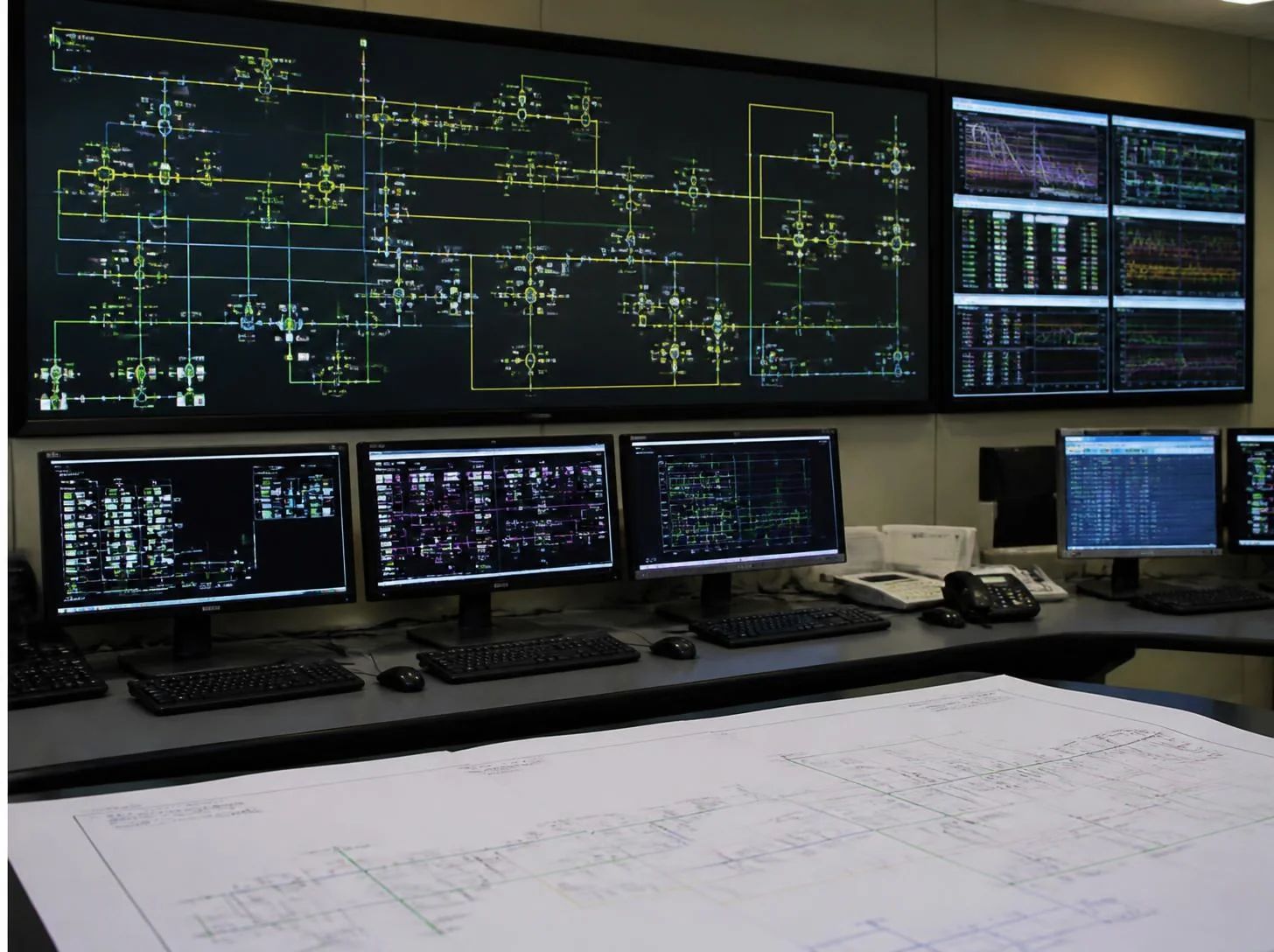 Gas transmission network showing interacting compressor stations, pressure constraints and flow paths