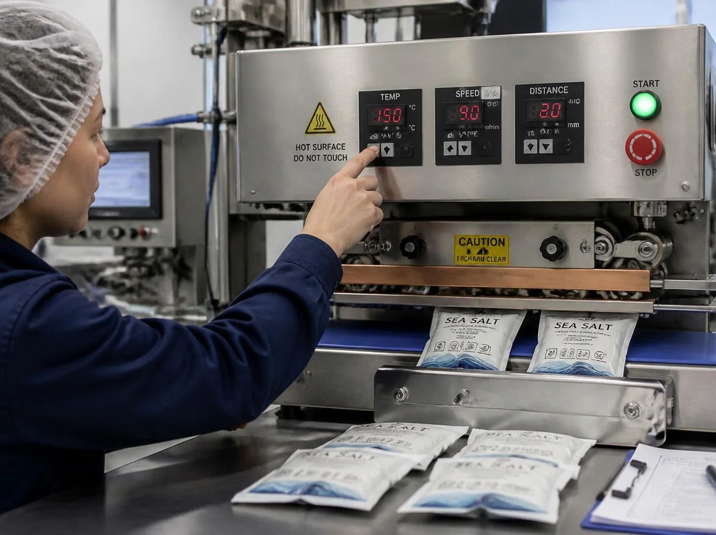 Packaging quality engineer testing heat seal strength against specification