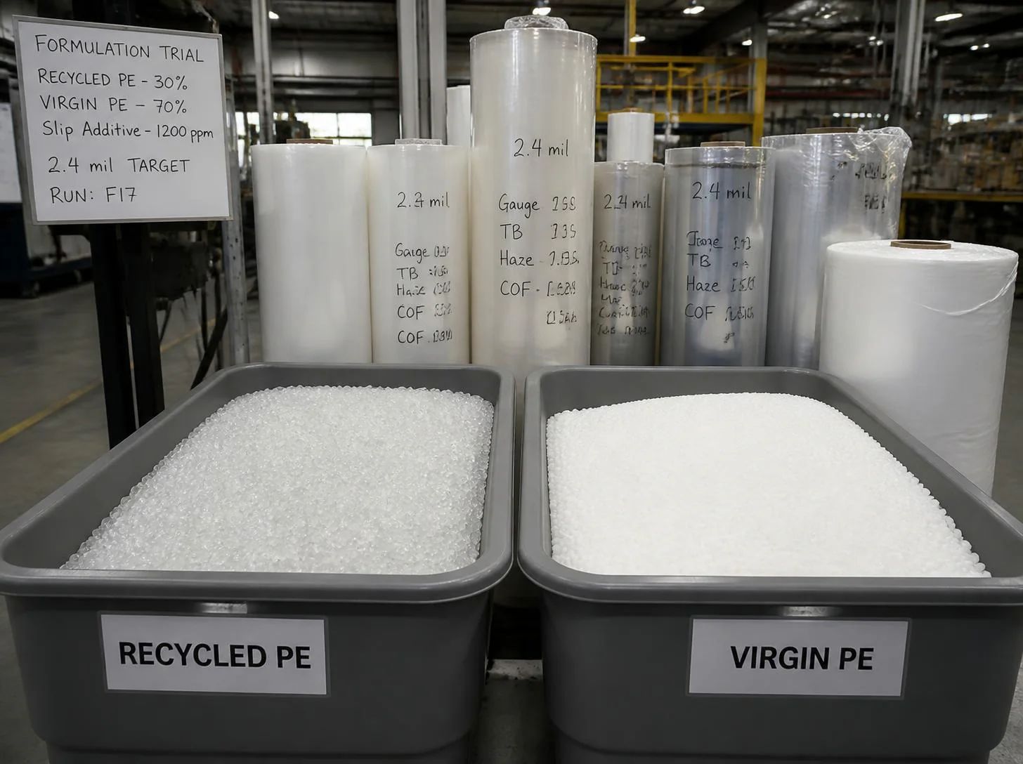 Packaging film testing recycled PE content and mechanical properties