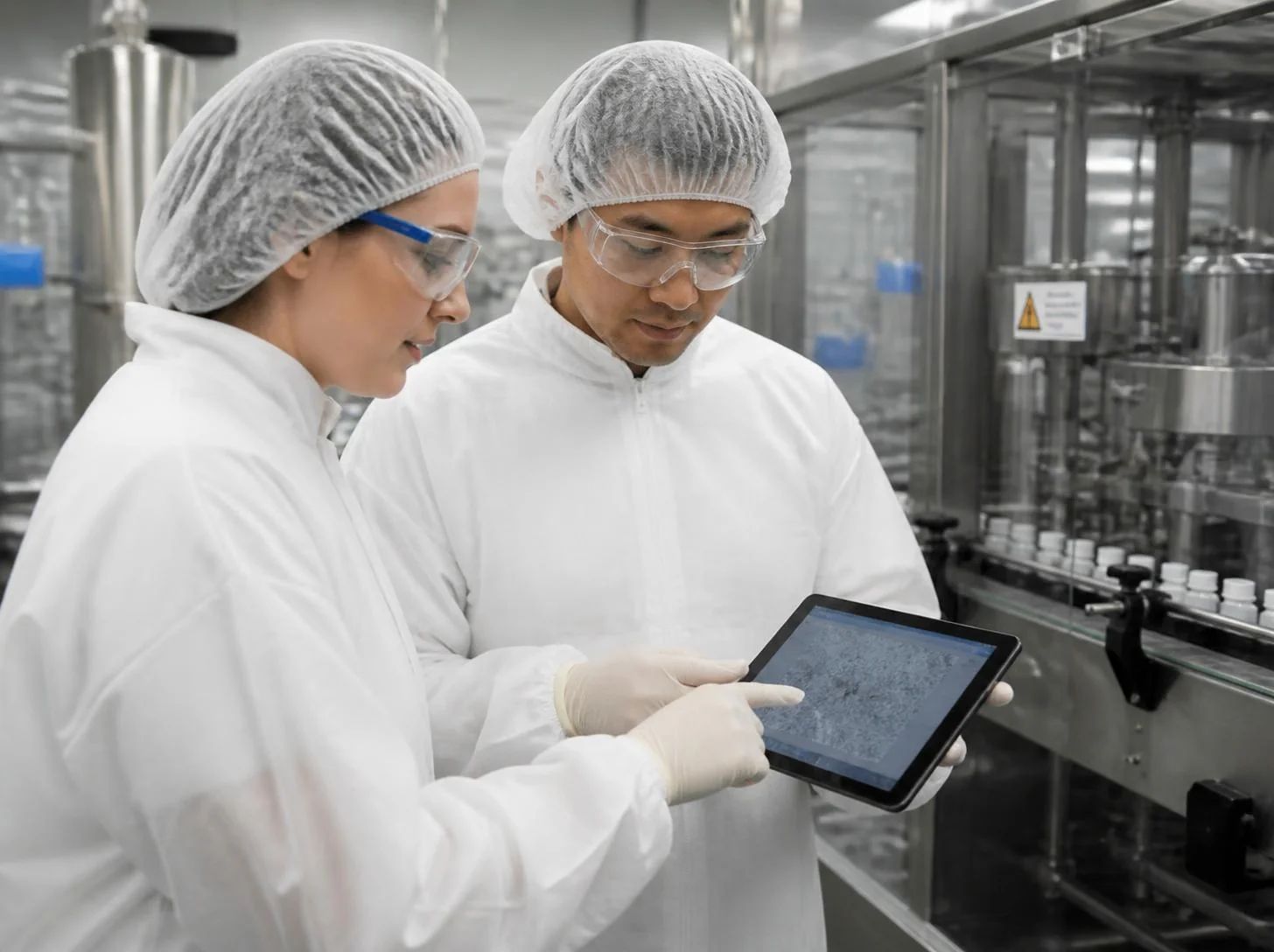 Pharmaceutical quality team reviewing contamination-risk predictions and alerts