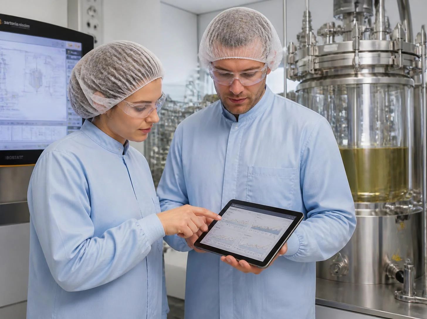 Pharmaceutical manufacturing team reviewing process parameter recommendations